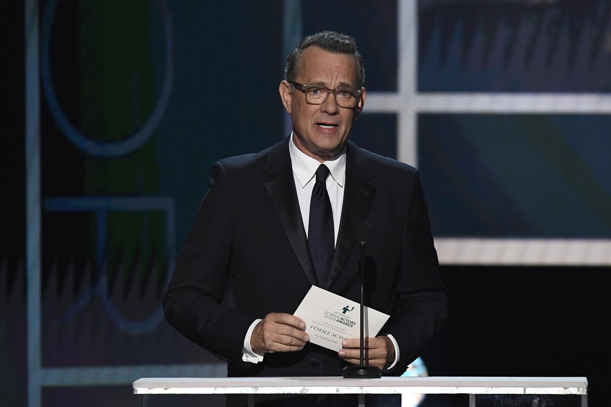 LOS ANGELES, CALIFORNIA - JANUARY 19: Tom Hanks speaks onstage during the 26th Annual Screen Actors Guild Awards at The Shrine Auditorium on January 19, 2020 in Los Angeles, California. 721359 (Photo by Kevork Djansezian/Getty Images for Turner)