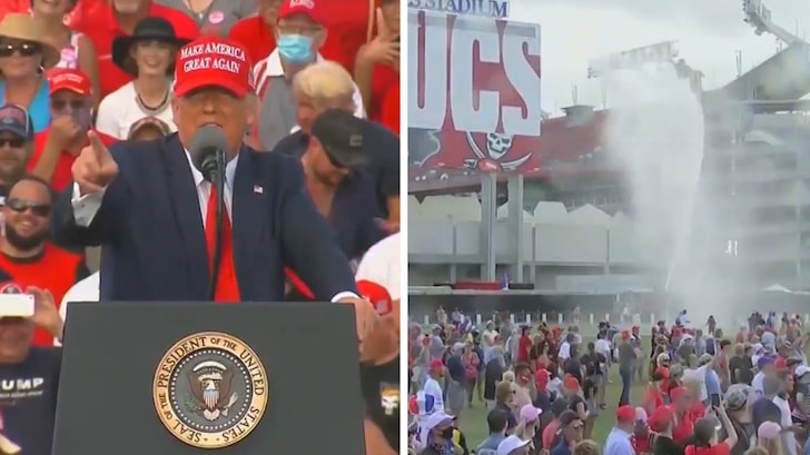 Trump and Supporters Sprayed with Fire Truck Water at Hot Tampa Rally