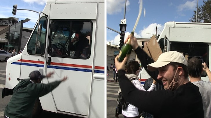 USPS Truck Sprayed with Champagne in L.A. as Biden Supporters Celebrate
