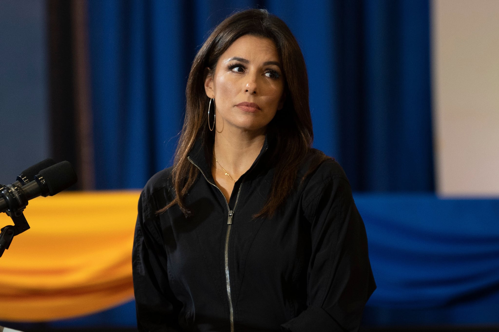 Eva Longoria, actress, activist, and Co-Founder of Latino Victory, speaks before Democratic Presidential Candidate Joe Biden as they participate in a Hispanic Heritage Month event at the Osceola Heritage Park in Kissimmee, Florida on September 15, 2020. (Photo by JIM WATSON / AFP) (Photo by JIM WATSON/AFP via Getty Images)