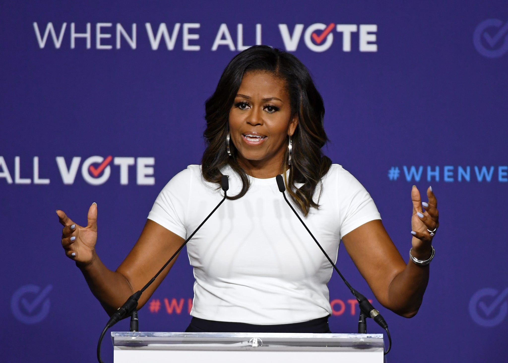 LAS VEGAS, NV - SEPTEMBER 23:  Former first lady Michelle Obama speaks during a rally for When We All Vote's National Week of Action at Chaparral High School on September 23, 2018 in Las Vegas, Nevada. Obama is the founder and a co-chairwoman of the organization that aims to help people register and to vote. Early voting for the 2018 midterm elections in Nevada begins on October 20.  (Photo by Ethan Miller/Getty Images)