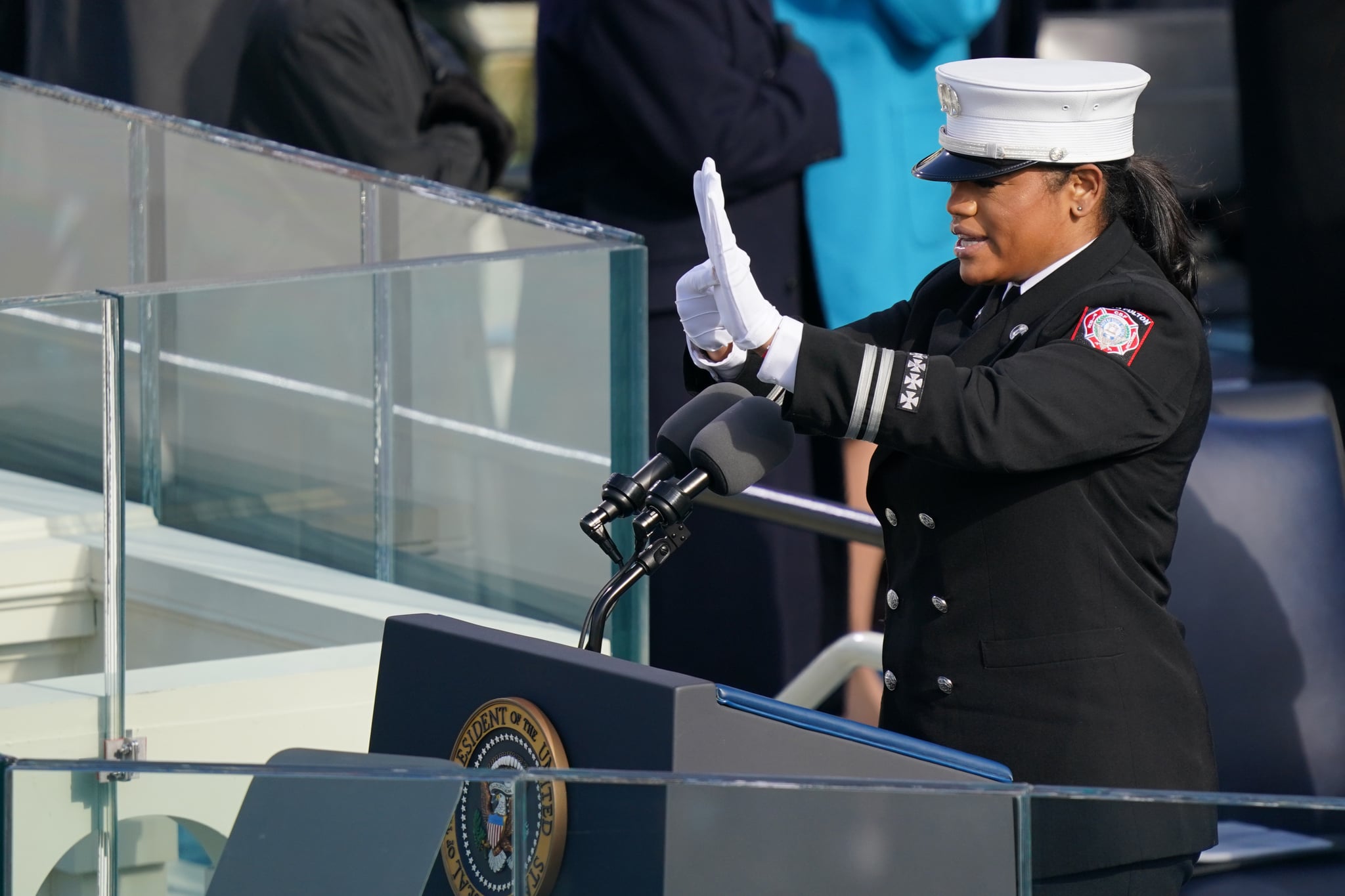 WASHINGTON, DC - JANUARY 20: Capt. Andrea Hall delivers the pledge of allegiance during the inauguration of U.S. President-elect Joe Biden on the West Front of the U.S. Capitol on January 20, 2021 in Washington, DC.  During today's inauguration ceremony Joe Biden becomes the 46th president of the United States. (Photo by Erin Schaff-Pool/Getty Images)