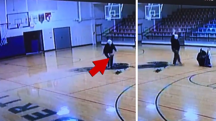 Security Camera Catches Custodian Hitting Trick Shot While Cleaning Basketball Gym