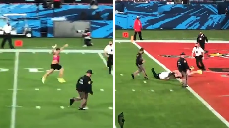Idiot Super Bowl Streaker Fails to Get In Endzone, Why Did You Slide?!