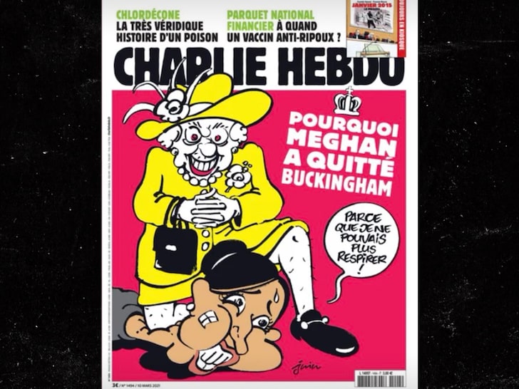 Queen Elizabeth Kneels on Meghan Markle's Neck in Charlie Hebdo Cover