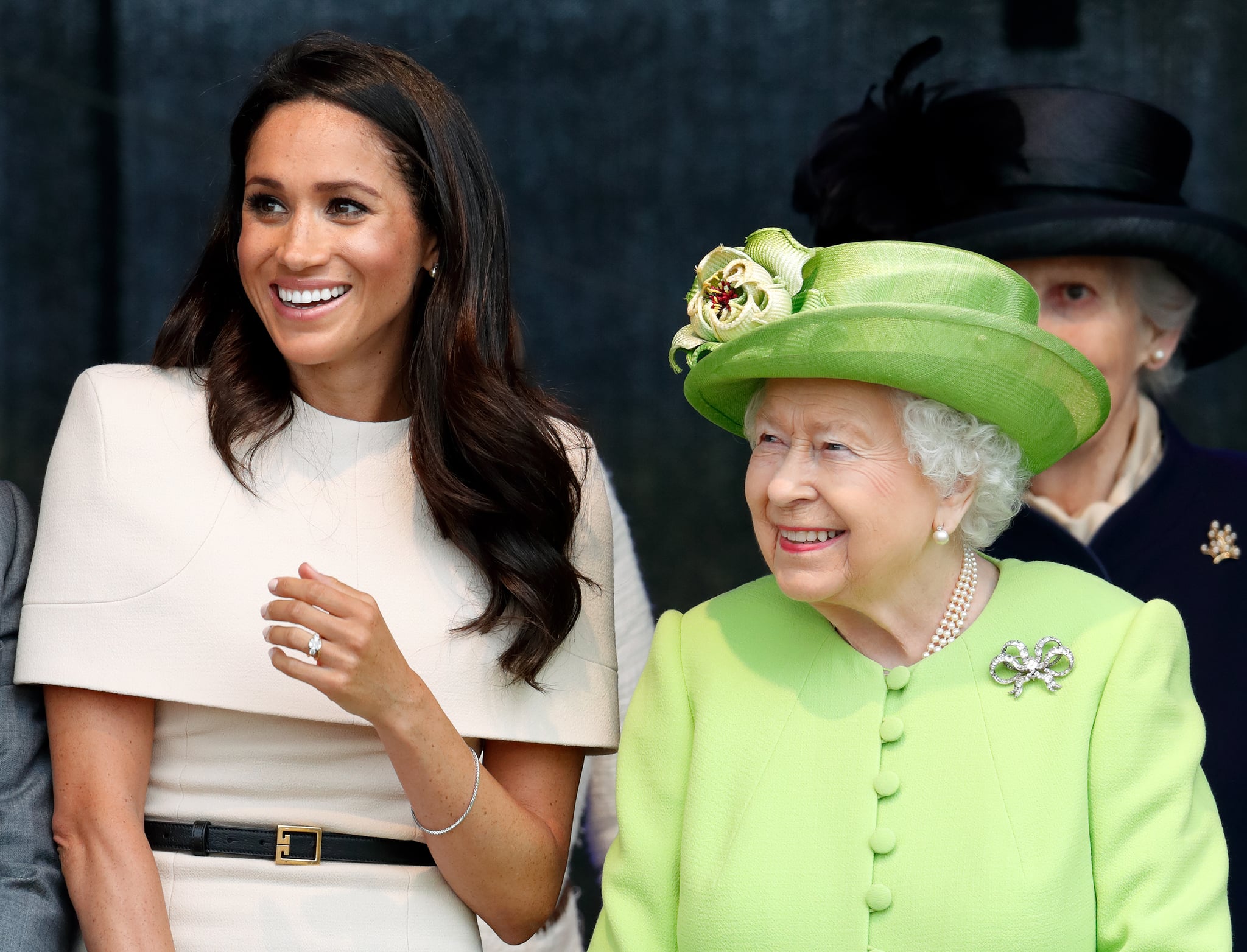 WIDNES, UNITED KINGDOM - JUNE 14: (EMBARGOED FOR PUBLICATION IN UK NEWSPAPERS UNTIL 24 HOURS AFTER CREATE DATE AND TIME) Meghan, Duchess of Sussex and Queen Elizabeth II attend a ceremony to open the new Mersey Gateway Bridge on June 14, 2018 in Widnes, England. Meghan Markle married Prince Harry last month to become The Duchess of Sussex and this is her first engagement with the Queen. During the visit the pair will open a road bridge in Widnes and visit The Storyhouse and Town Hall in Chester. (Photo by Max Mumby/Indigo/Getty Images)