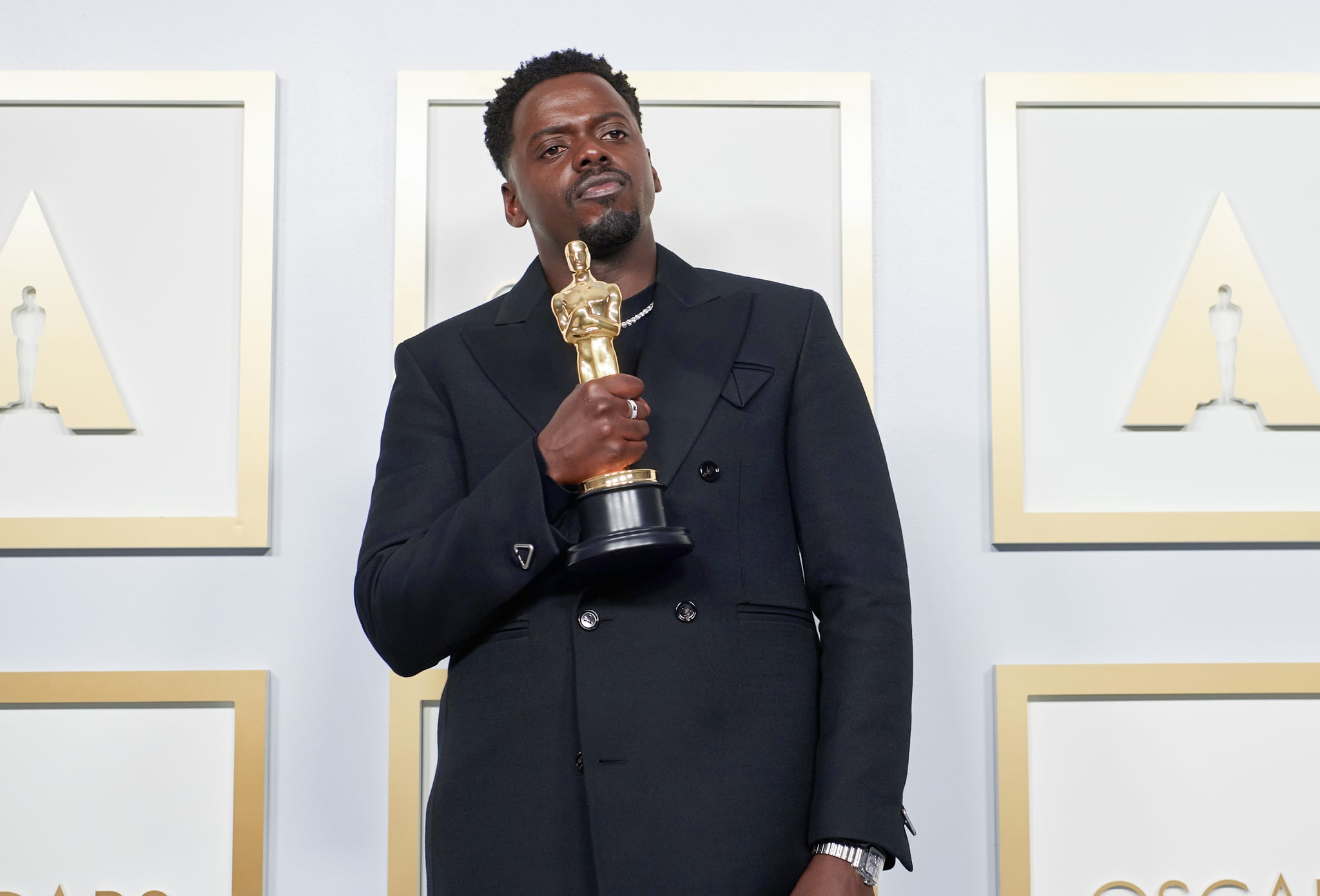 LOS ANGELES, CALIFORNIA – APRIL 25: (EDITORIAL USE ONLY) In this handout photo provided by A.M.P.A.S., Daniel Kaluuya poses with the Best Actor in a Supporting Role award for 'Judas and the Black Messiah' in the press room during the 93rd Annual Academy Awards at Union Station on April 25, 2021 in Los Angeles, California. (Photo by Matt Petit/A.M.P.A.S. via Getty Images)