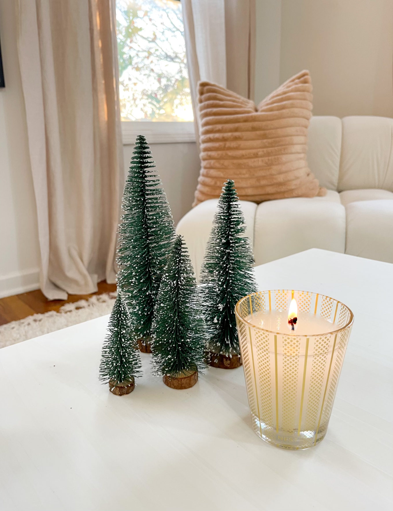 amazon christmas tree, holiday decor, flocked tree, christmas tree, bottle brush trees, birchwood candle, holiday candle