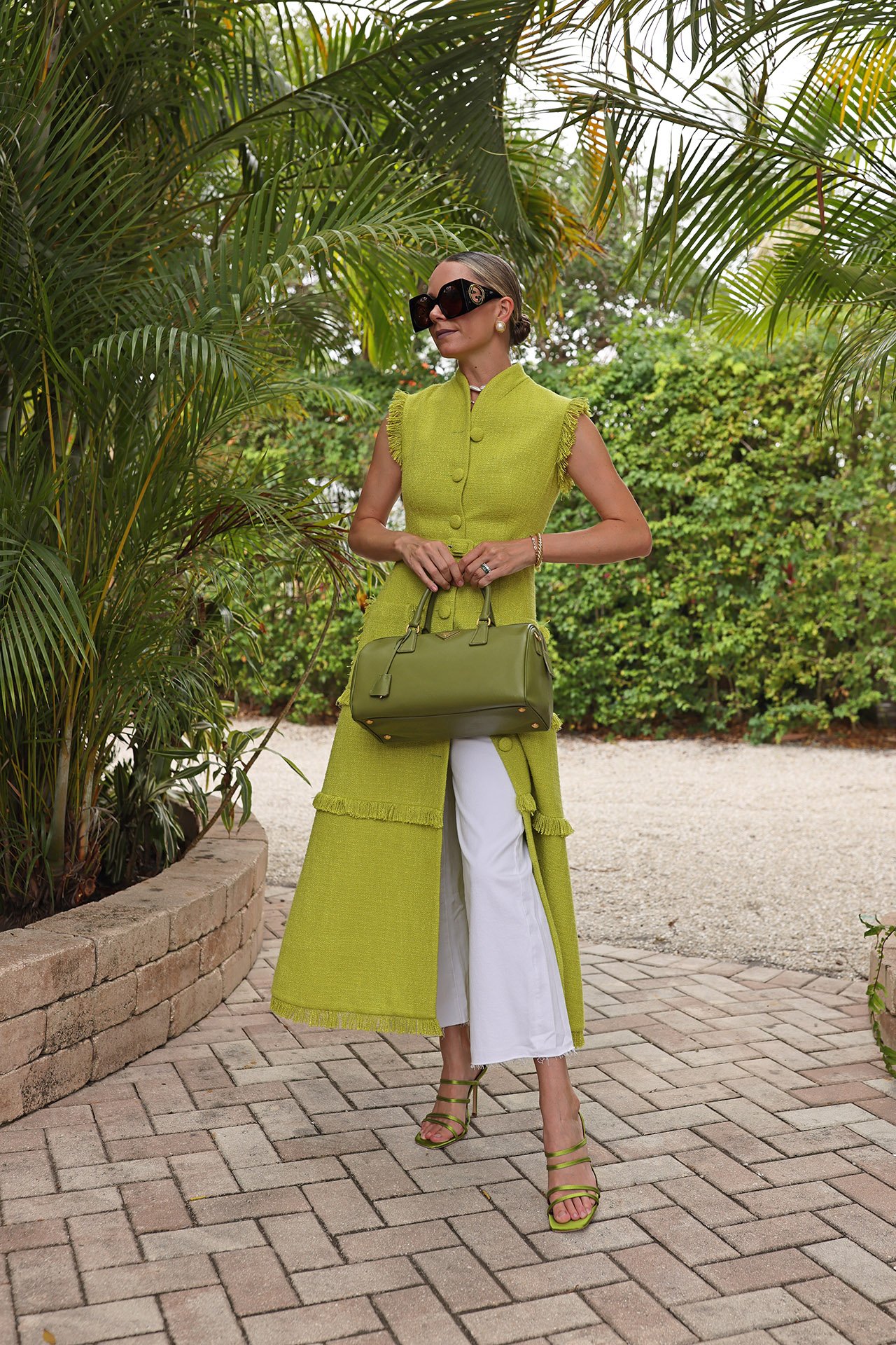 chartreuse outfit, white culottes, staud strappy sandals