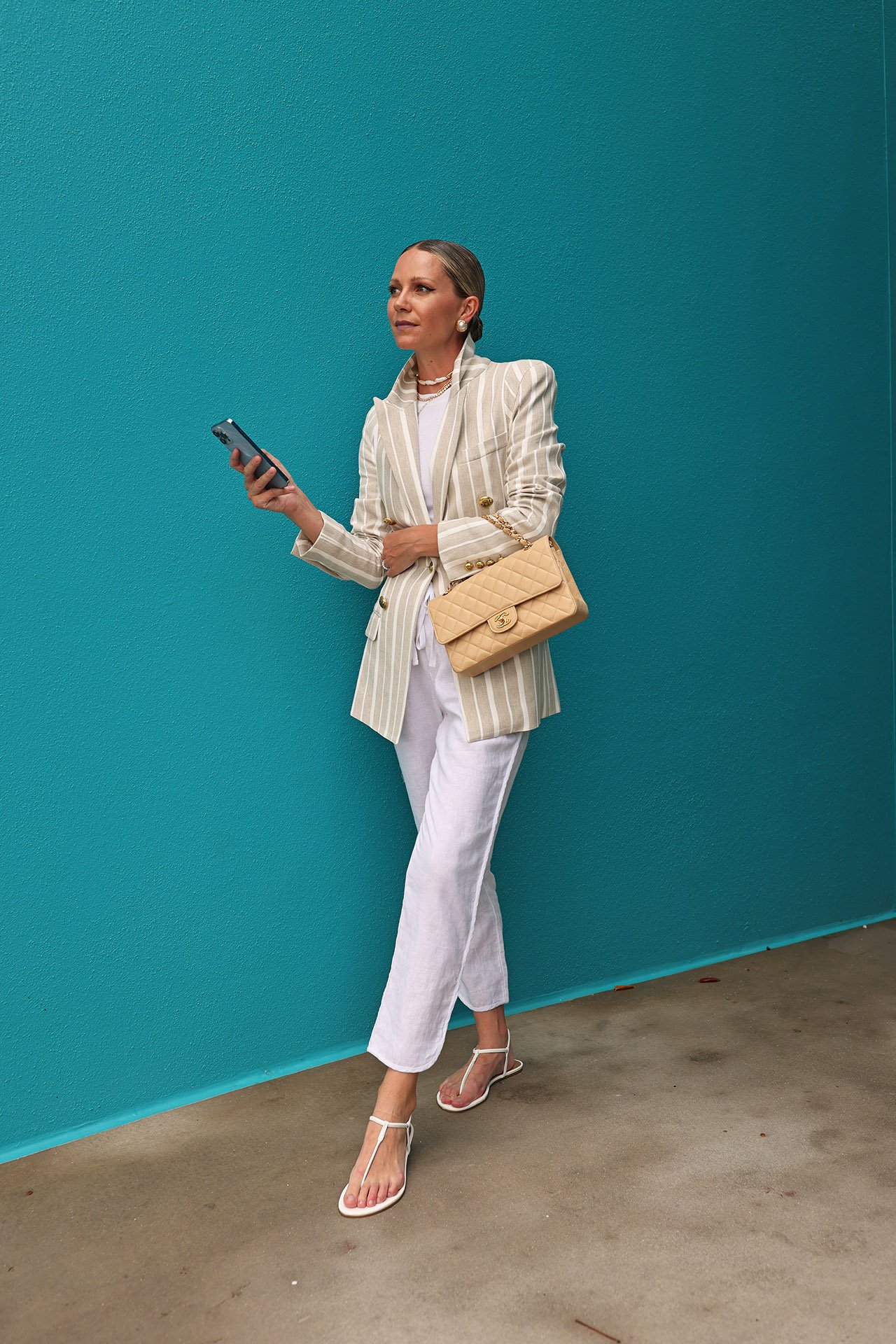 white linen pant outfit, smythe blazer, chanel classic bag, minimal sandals