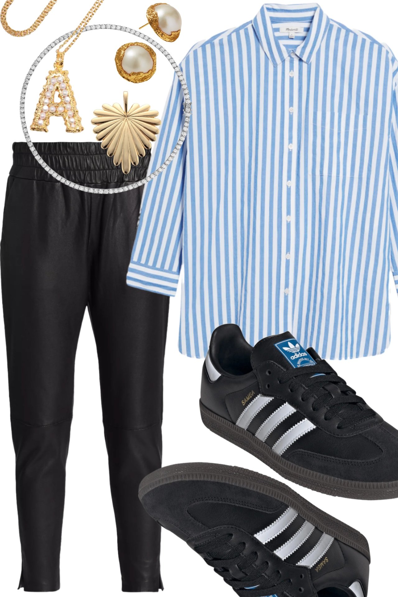 leather joggers, airport outfit ideas, comfortable fall look, blue and white stripes