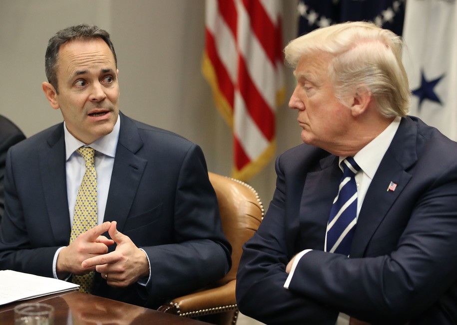 WASHINGTON, DC - JANUARY 11:  U.S. President Donald Trump listens to Kentucky Governor Matt Bevin speak, during a prison reform roundtable in the Roosevelt Room at the White House, on January 11, 2018 in Washington, DC.  State and local leaders joined Trump to discuss programs intended to help prisoners re-enter the workforce among other policy initiatives. (Photo by Mark Wilson/Getty Images)
