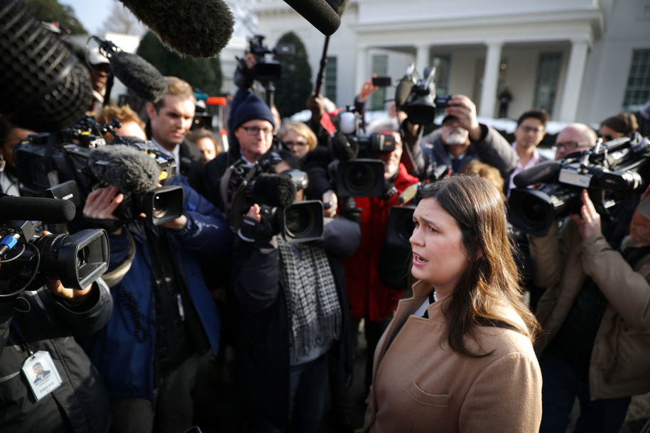 WASHINGTON, DC - JANUARY 18: White House Press Secretary Sarah Huckabee Sanders talks to reporters outside the West Wing of the White House January 18, 2019 in Washington, DC. Sanders announced that President Donald Trump and North Korean leader Kim Jong Un will hold a second summit at the end of February.  (Photo by Chip Somodevilla/Getty Images)