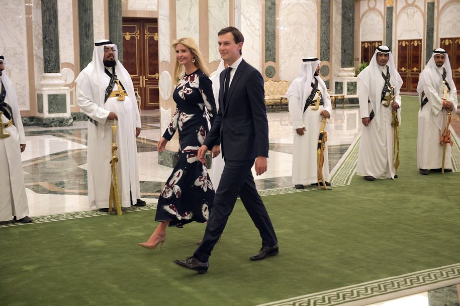 Ivanka Trump (C-L) and Jared Kushner (C-R) arrive to attend the presentation of the Order of Abdulaziz al-Saud medal at the Saudi Royal Court in Riyadh on May 20, 2017.. / AFP PHOTO / MANDEL NGAN        (Photo credit should read MANDEL NGAN/AFP/Getty Images)