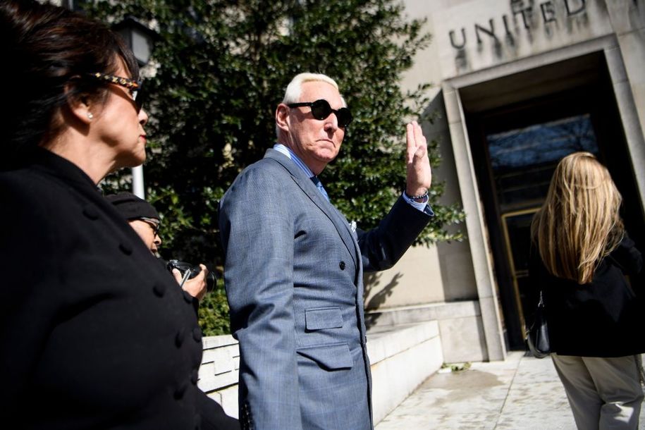 Former campaign advisor to US President Donald Trump, Roger Stone, arrives at US District Court in Washington, DC on February 21, 2019. - Stone arrived for a hearing on his instagram posts of Judge Amy Berman Jackson. (Photo by Brendan Smialowski / AFP)        (Photo credit should read BRENDAN SMIALOWSKI/AFP/Getty Images)