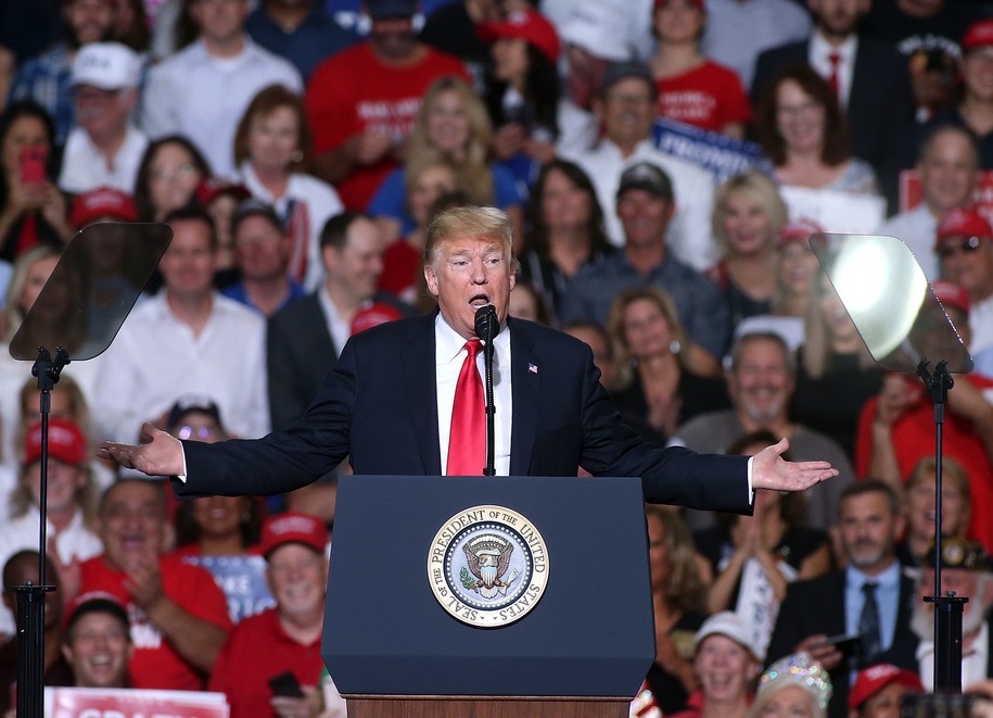 MESA, AZ - OCTOBER 19:  President Donald Trump speaks to a crowd of supporters during a rally at the International Air Response facility on October 19, 2018 in Mesa, Arizona.  President Trump is holding rallies in Arizona, Montana and Nevada, campaigning for Republican candidates running for the U.S. Senate. (Photo by Ralph Freso/Getty Images)