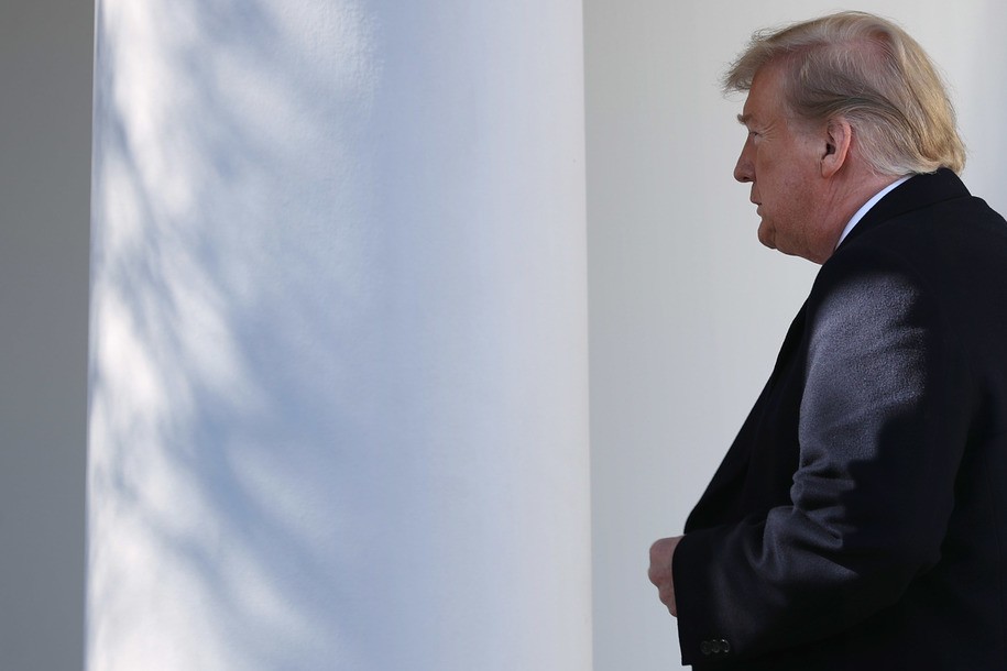 WASHINGTON, DC - FEBRUARY 15:  U.S. President Donald Trump heads back into the Oval Office after speaking on border security during a Rose Garden event at the White House February 15, 2019 in Washington, DC. Trump said he would declare a national emergency to free up federal funding to build a wall along the southern border.  (Photo by Chip Somodevilla/Getty Images)