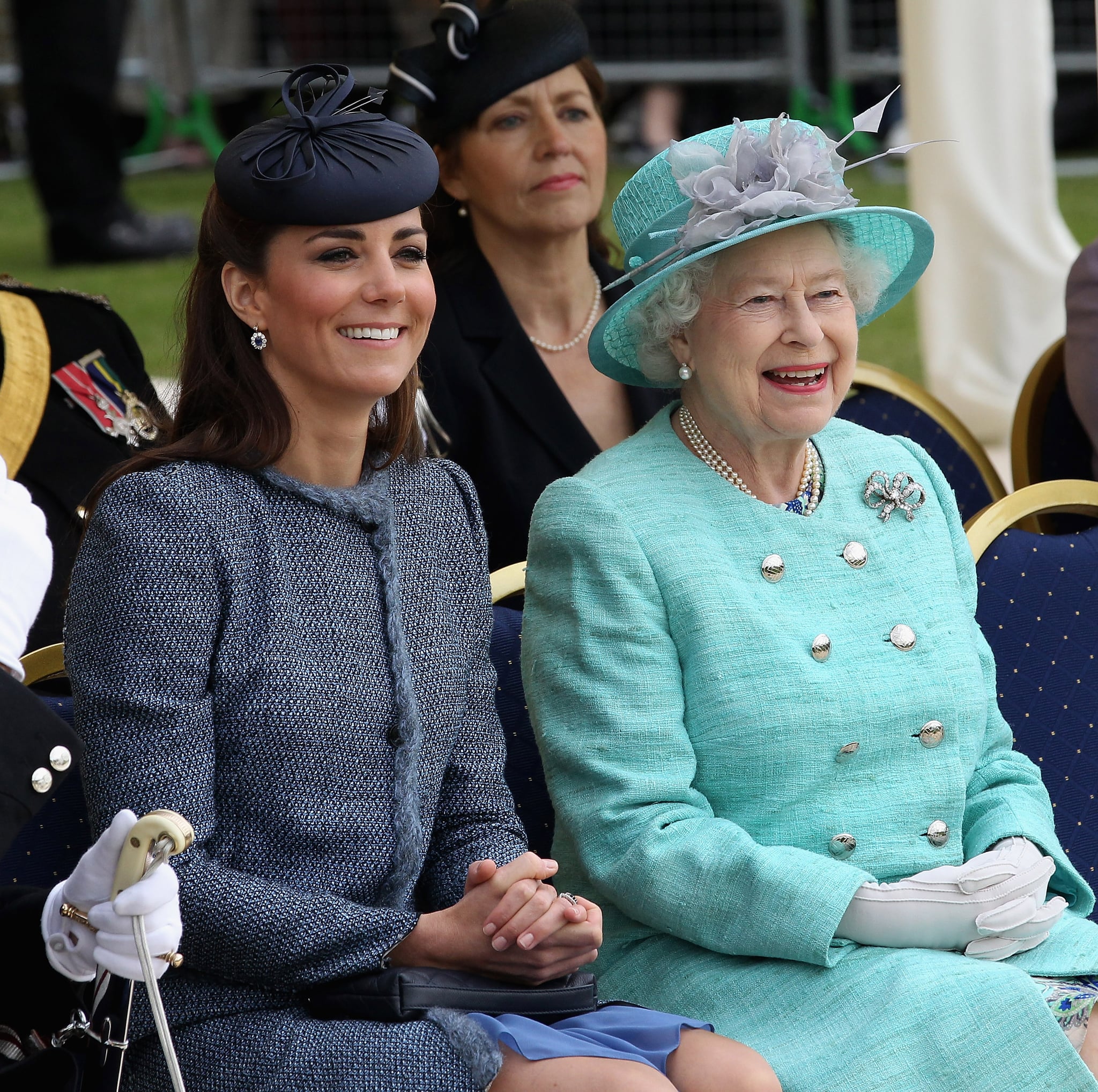 NOTTINGHAM, ENGLAND - JUNE 13:  Catherine, Duchess of Cambridge and Queen Elizabeth II smile as they visit Vernon Park during a Diamond Jubilee visit to Nottingham on June 13, 2012 in Nottingham, England.  (Photo by Chris Jackson/Getty Images)