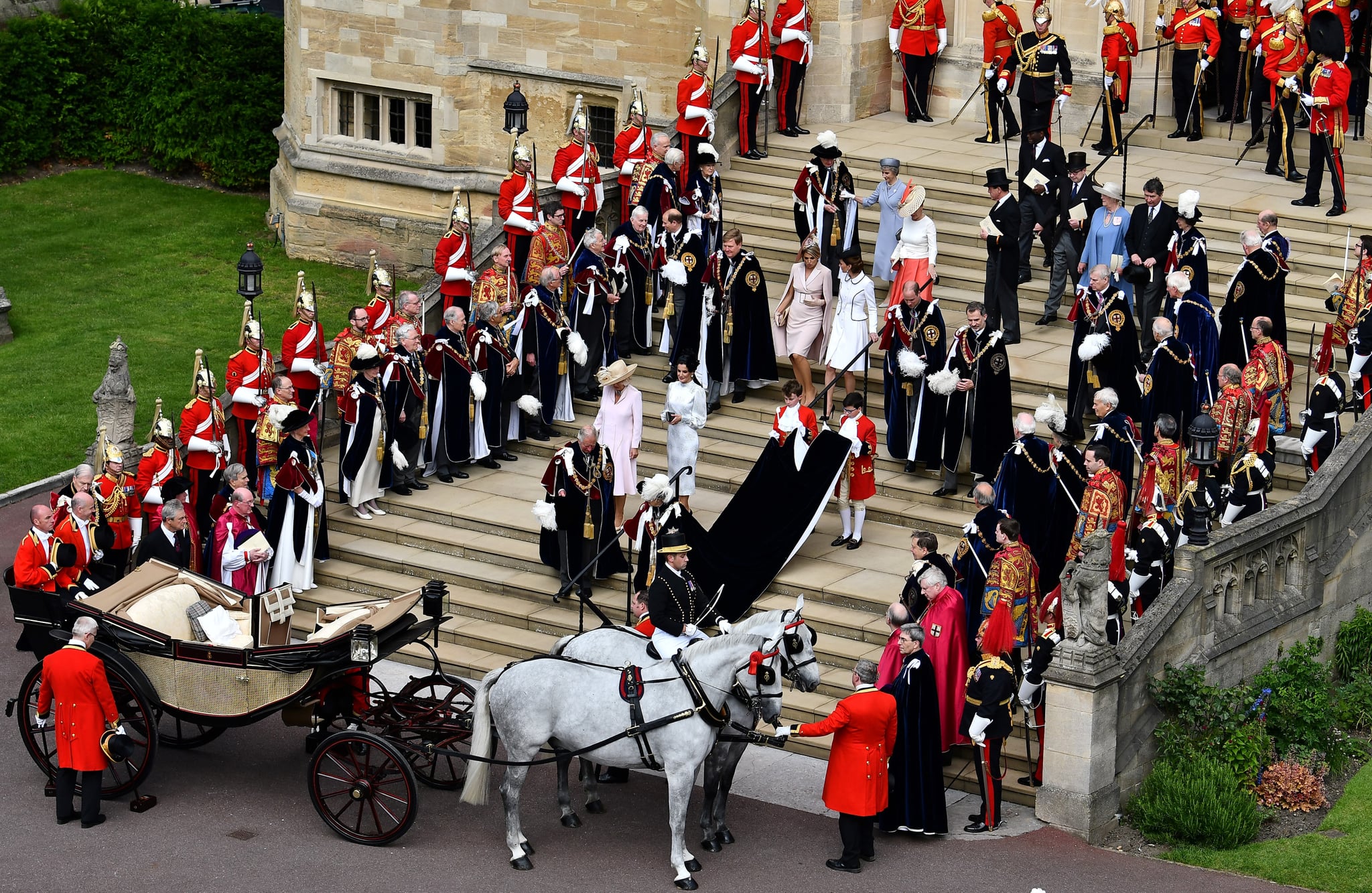 WINDSOR, ENGLAND - JUNE 17: King Willem-Alexander of the Netherlands, Queen Maxima of the Netherlands, King Felipe VI of Spain and Queen Letizia of Spain and Queen Elizabeth II leave the Order of the Garter Service on June 17, 2019 in Windsor, England. The Order of the Garter is the senior and oldest British Order of Chivalry, founded by Edward III in 1348. The Garter ceremonial dates from 1948, when formal installation was revived by King George VI for the first time since 1805. (Photo by Ben Stansall - WPA Pool/Getty Images)