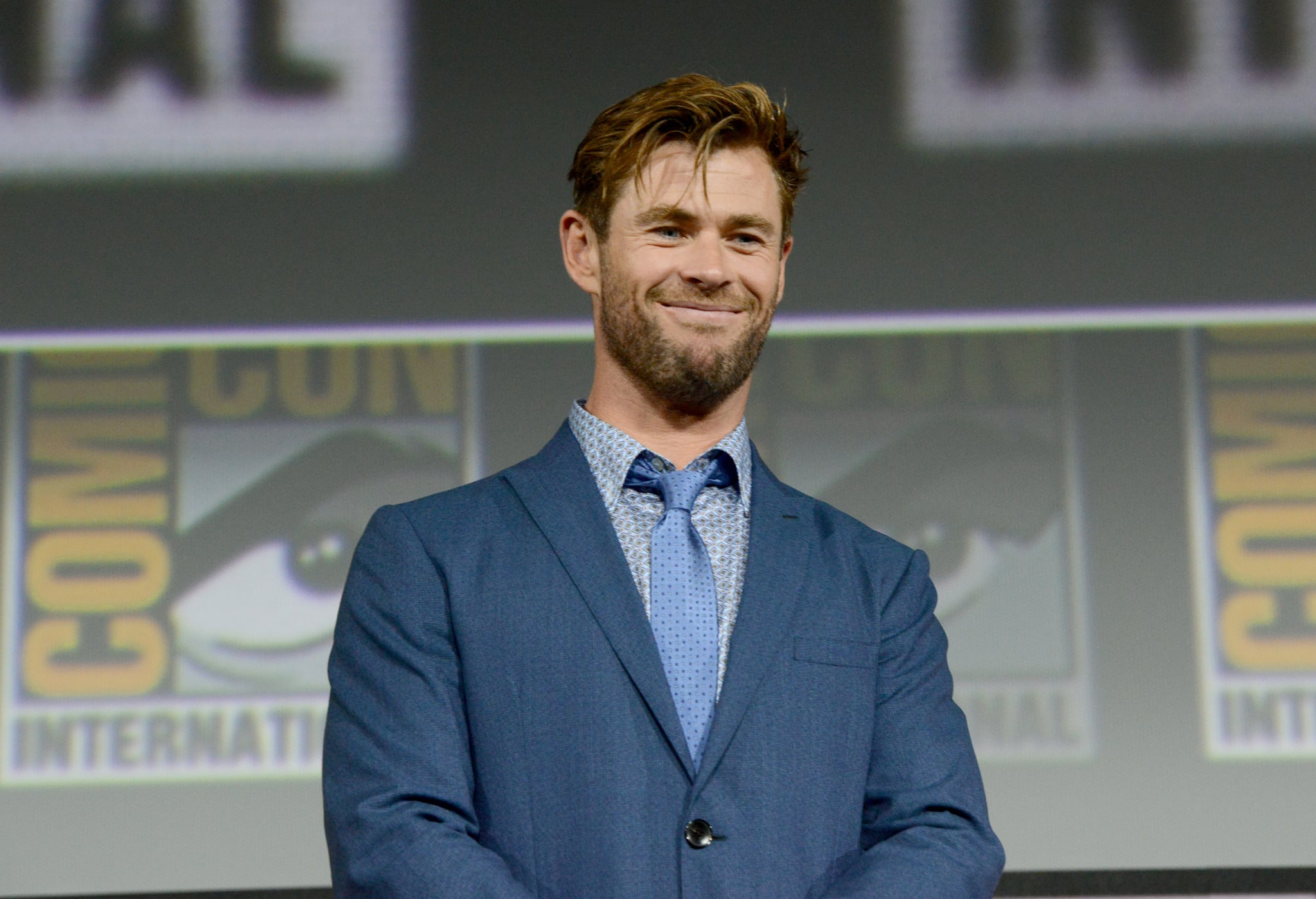 SAN DIEGO, CALIFORNIA - JULY 20: Chris Hemsworth speaks at the Marvel Studios Panel during 2019 Comic-Con International at San Diego Convention Center on July 20, 2019 in San Diego, California. (Photo by Albert L. Ortega/Getty Images)