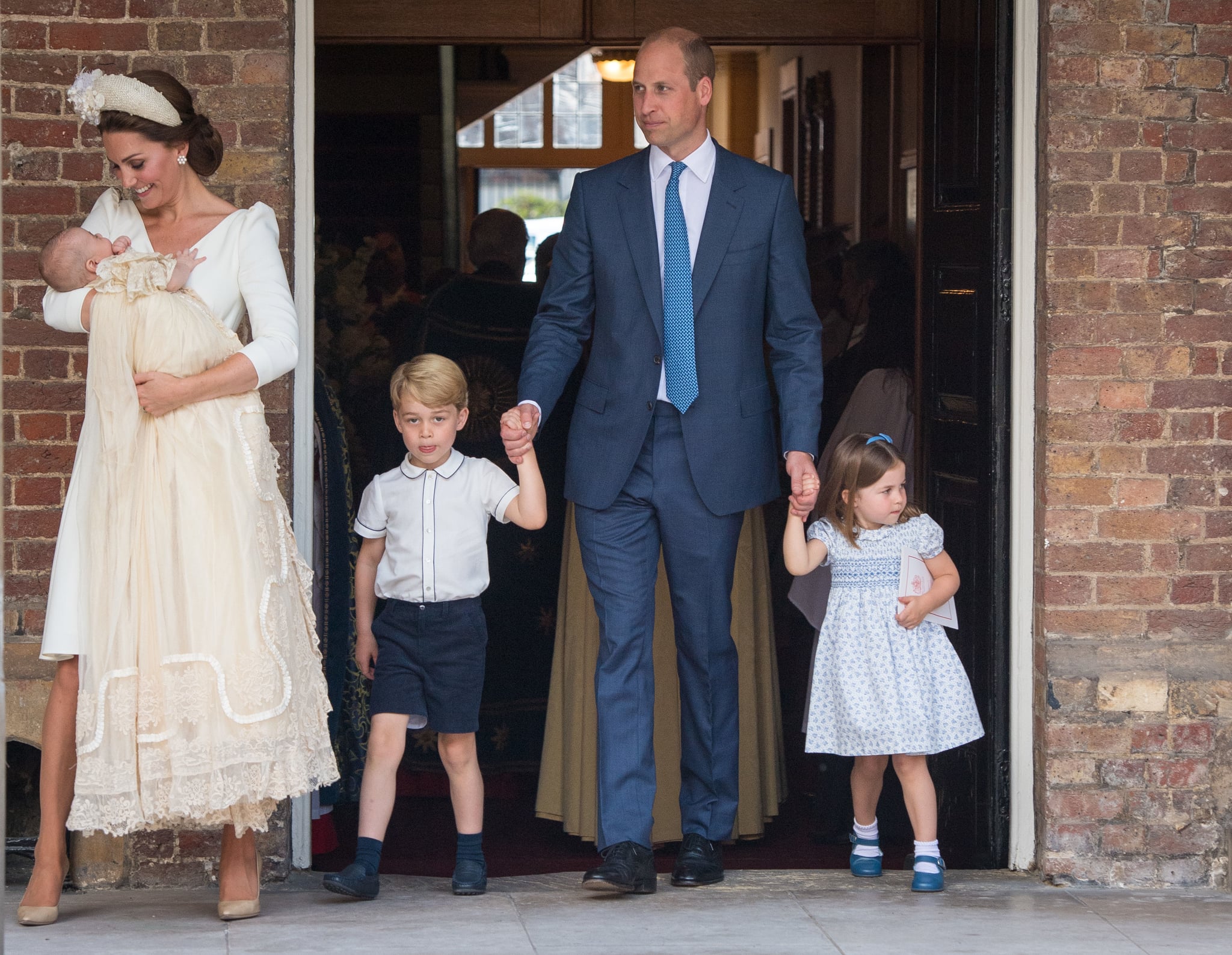 LONDON, ENGLAND - JULY 09: Catherine Duchess of Cambridge and Prince William, Duke of Cambridge with their children Prince George, Princess Charlotte and Prince Louis after Prince Louis